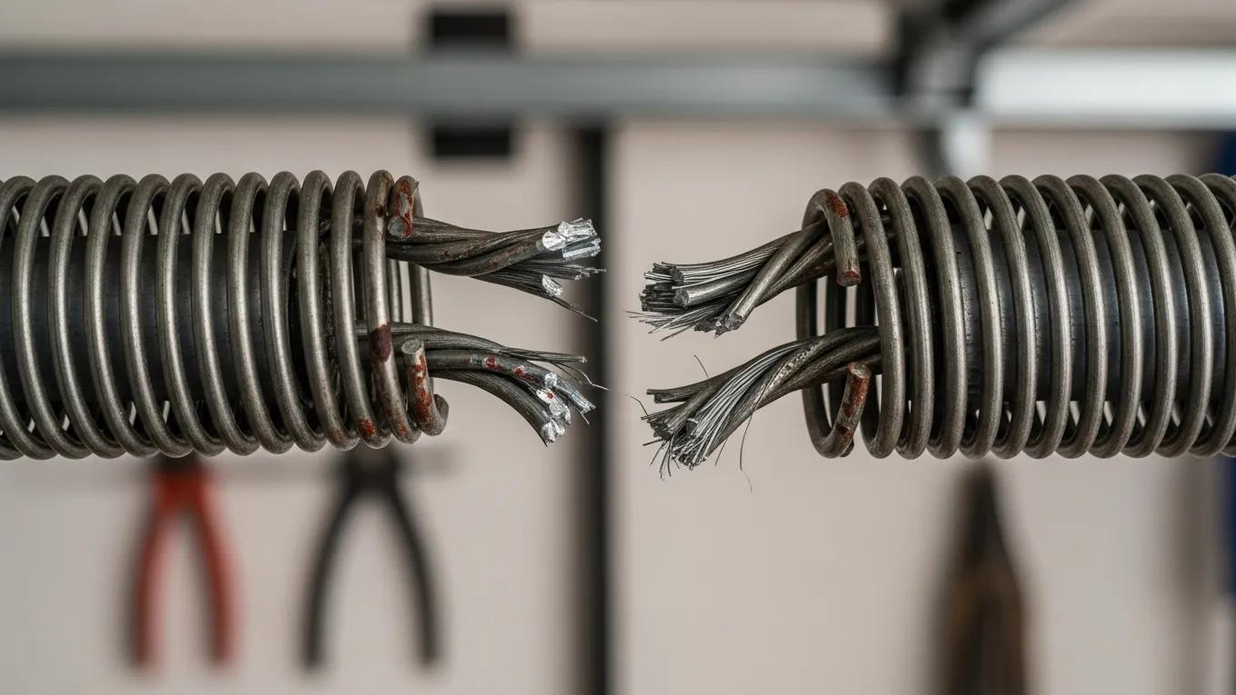 Close-up of a broken garage door spring illustrating common repair issues