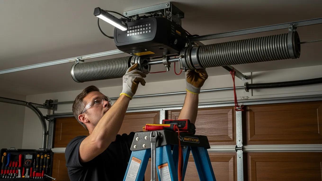 Garage door springs being inspected by a technician, highlighting the importance of safety and maintenance