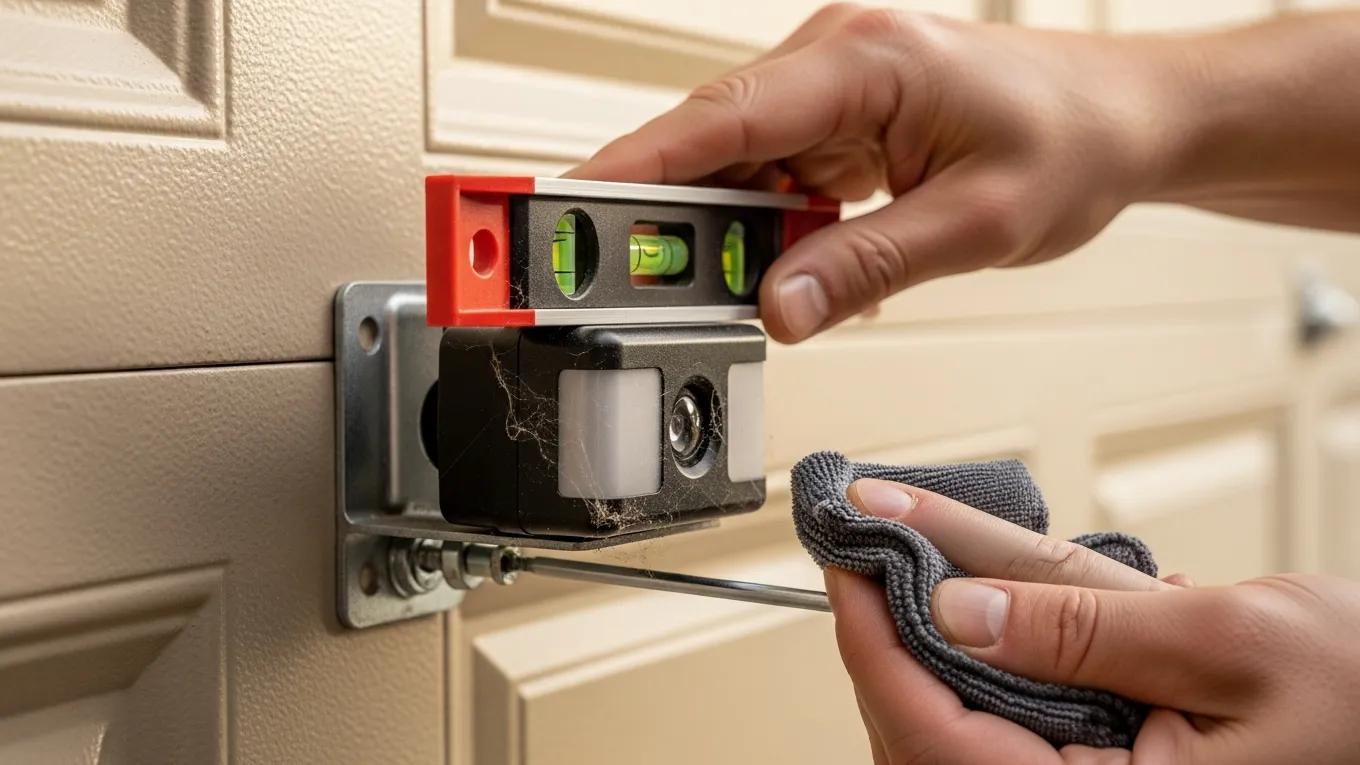 Homeowner cleaning and aligning garage door sensors for proper functionality