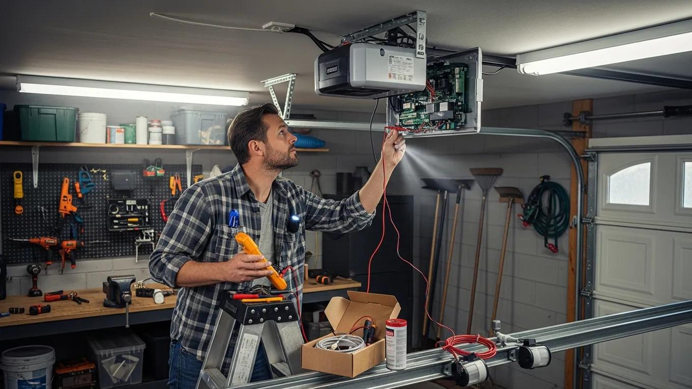 Homeowner inspecting a garage door opener for performance issues