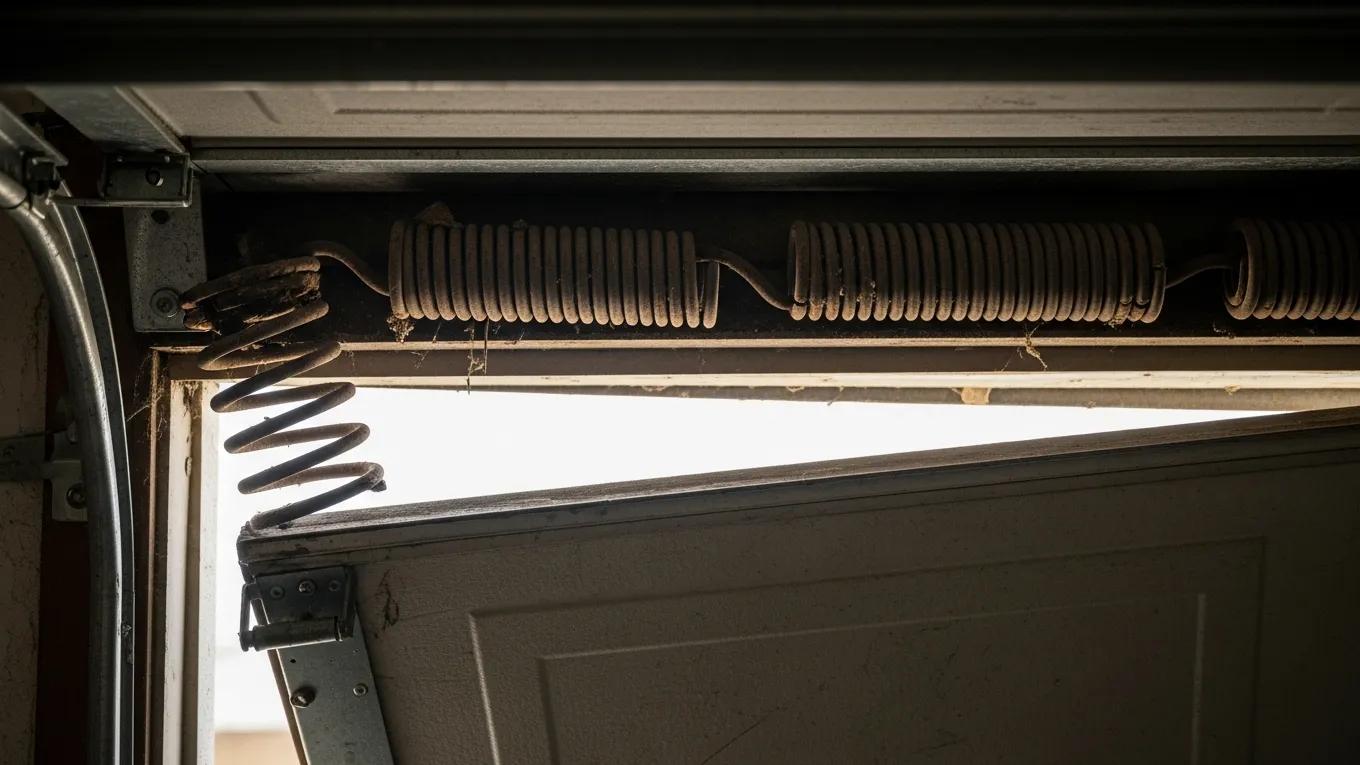 Malfunctioning garage door with worn springs, demonstrating improper operation and the need for replacement