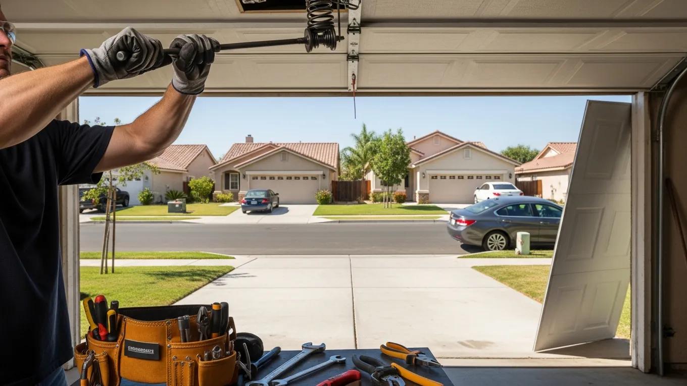 Professional technician repairing a garage door spring in a suburban Bakersfield neighborhood