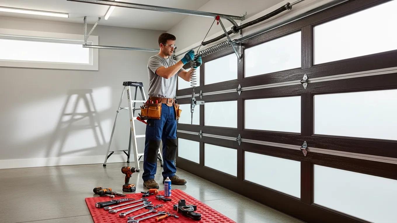 Professional technician repairing a modern garage door with tools in a bright garage setting