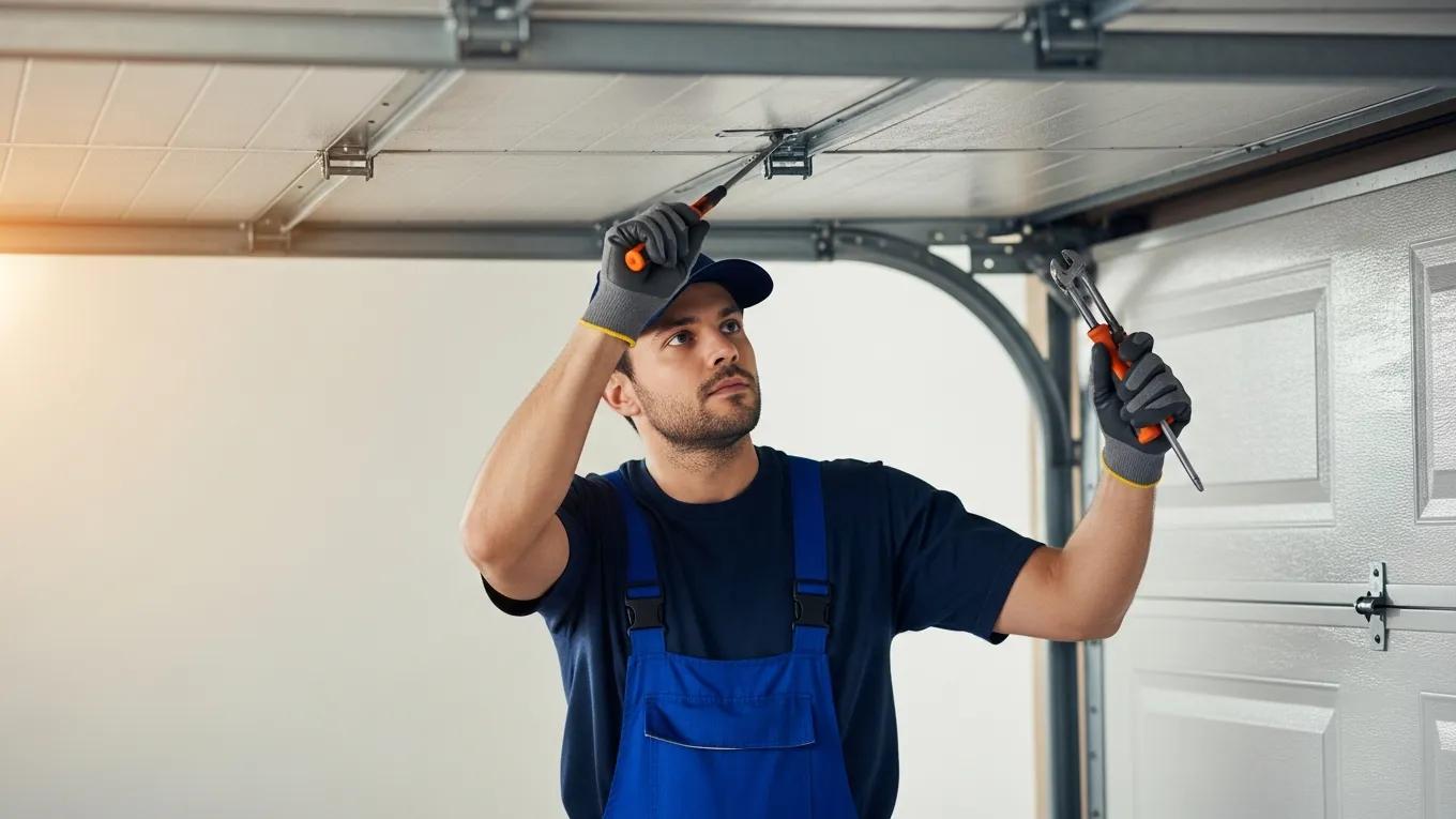 Technician repairing a garage door, highlighting the importance of garage door maintenance and repair costs