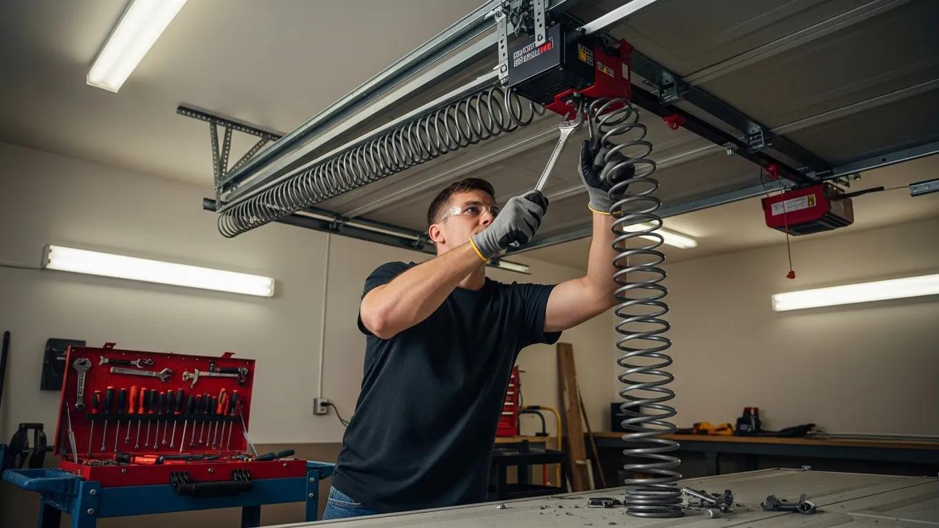 Technician replacing a broken garage door spring with tools in a well-lit garage