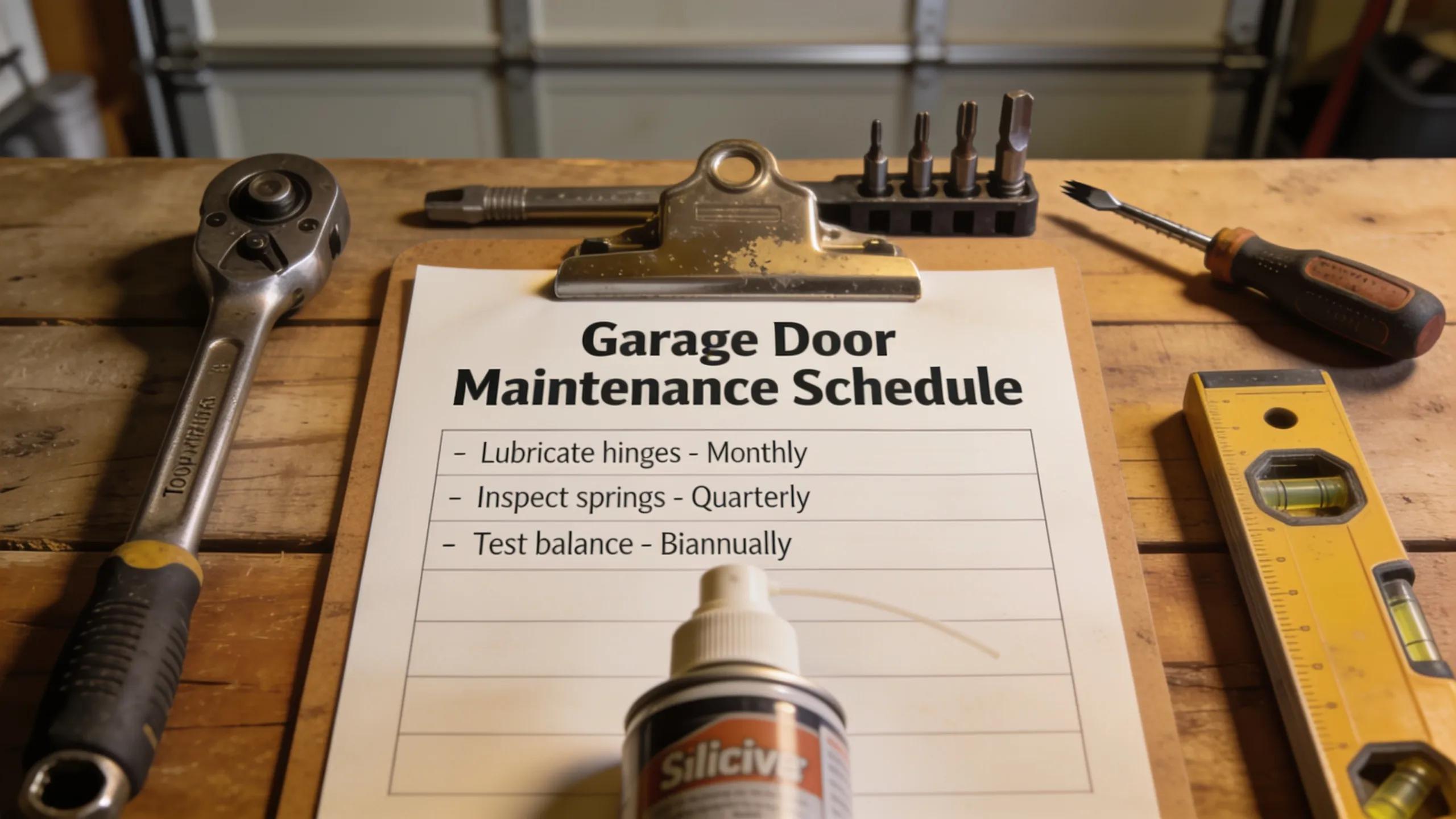 Clipboard with garage door maintenance schedule and tools, highlighting proactive prevention of noise issues