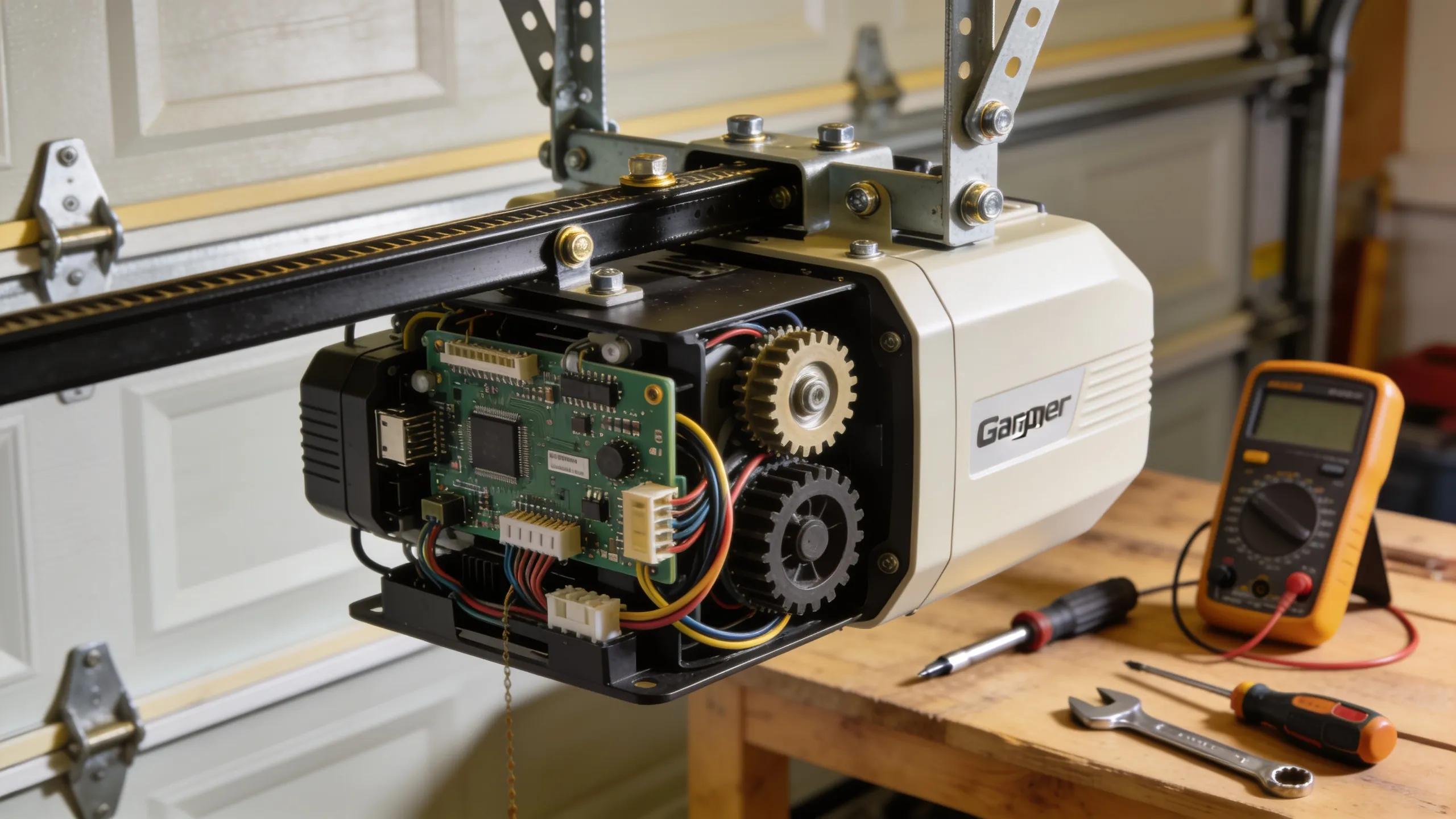 Garage door opener installation with tools reflecting home repair themes