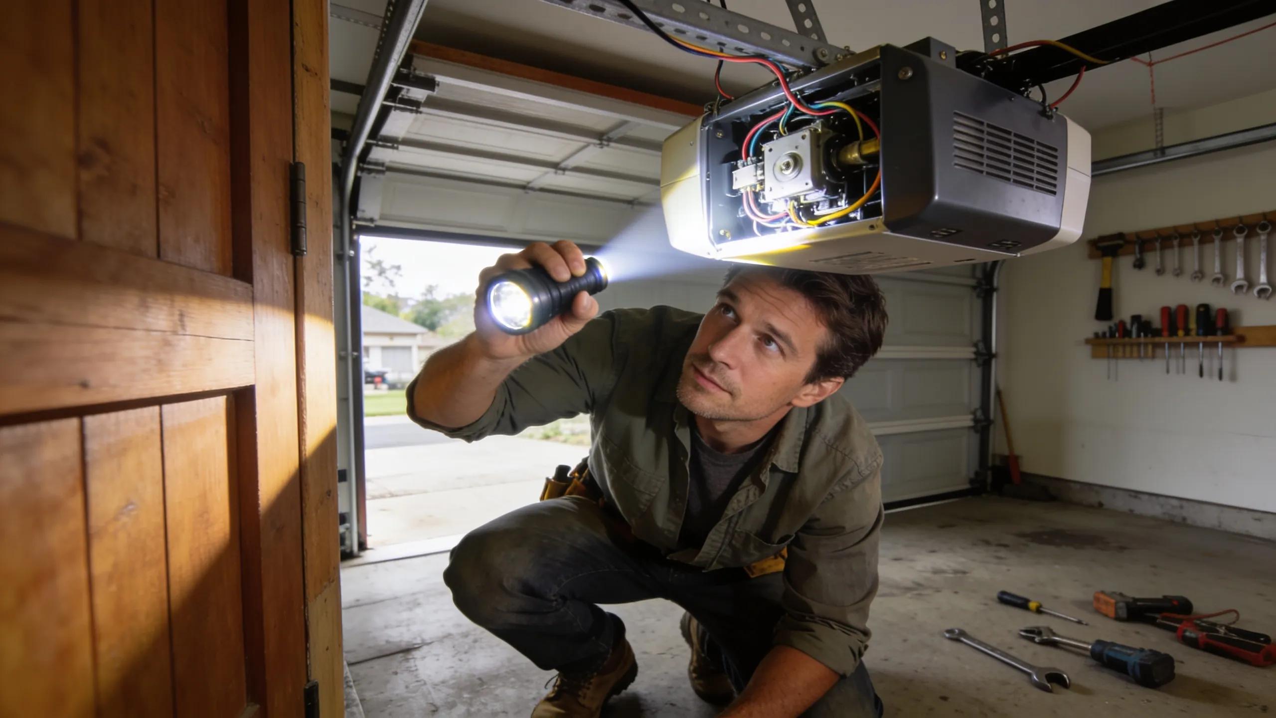 Homeowner inspecting garage door opener for signs of malfunction