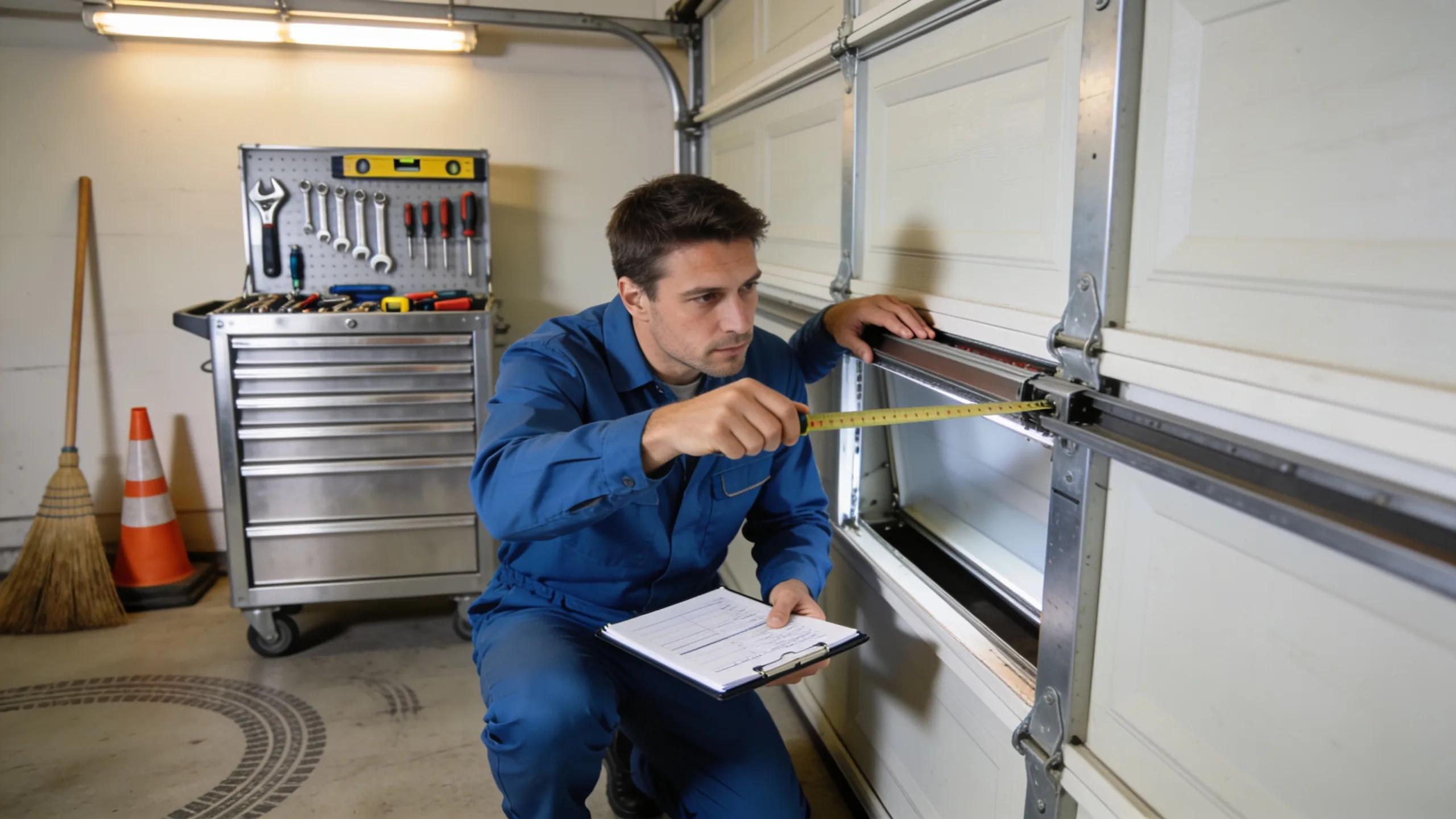 Technician inspecting a garage door with tools, emphasizing maintenance and repair solutions for noise issues