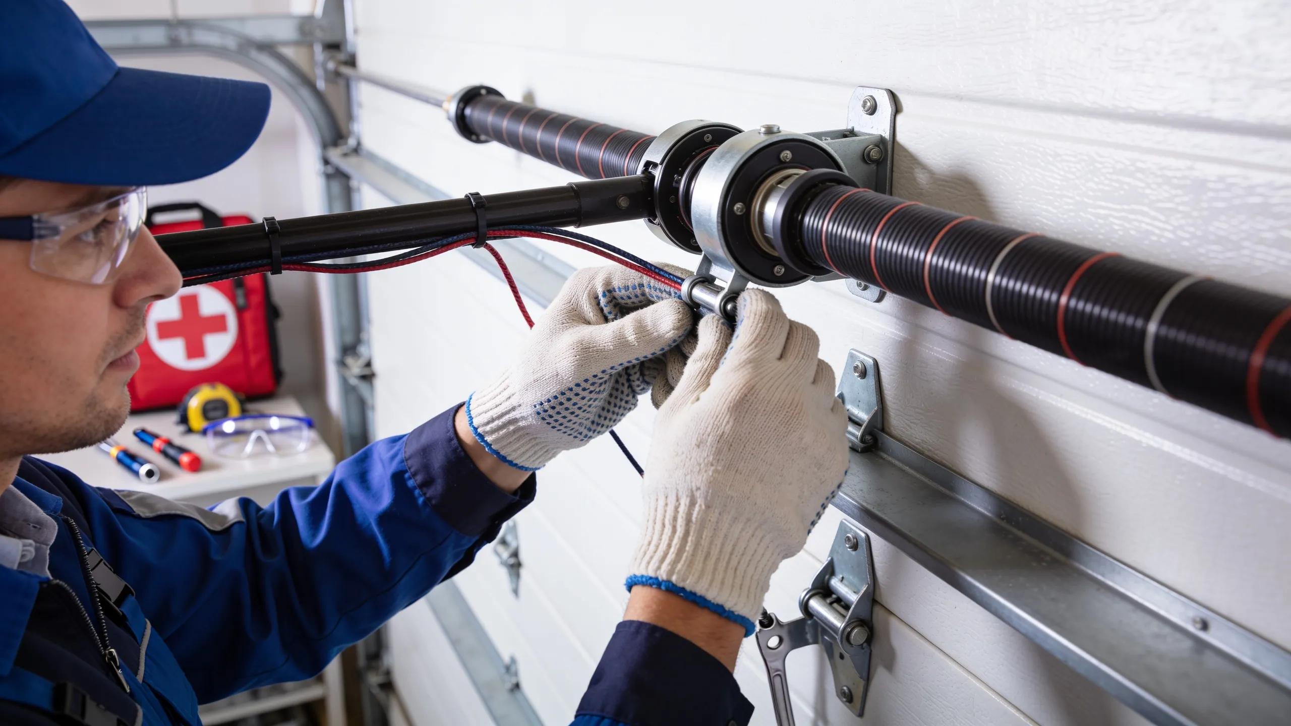 Professional technician inspecting garage door rollers and cables to ensure proper maintenance