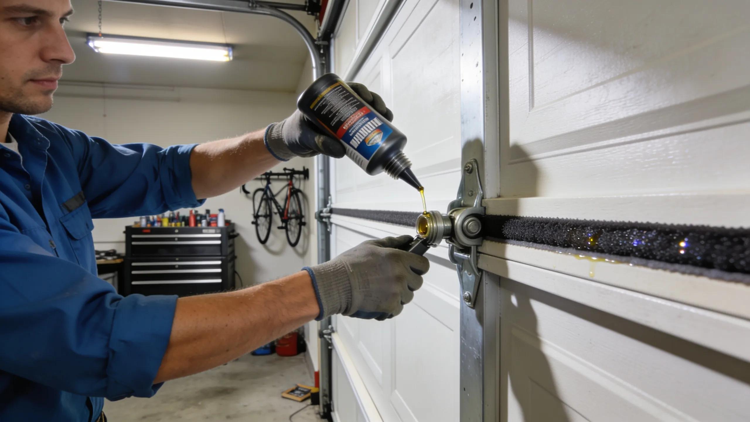 Person lubricating garage door components to reduce noise, illustrating effective repair techniques
