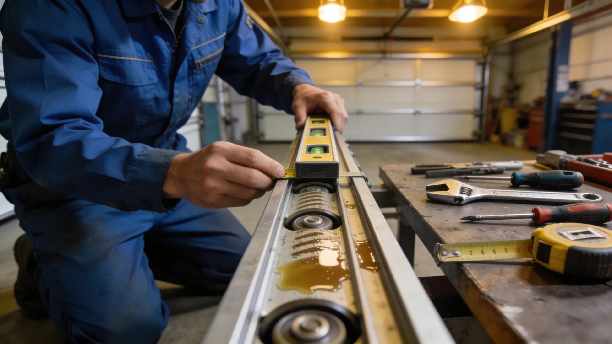 Technician conducting routine maintenance on a garage door track