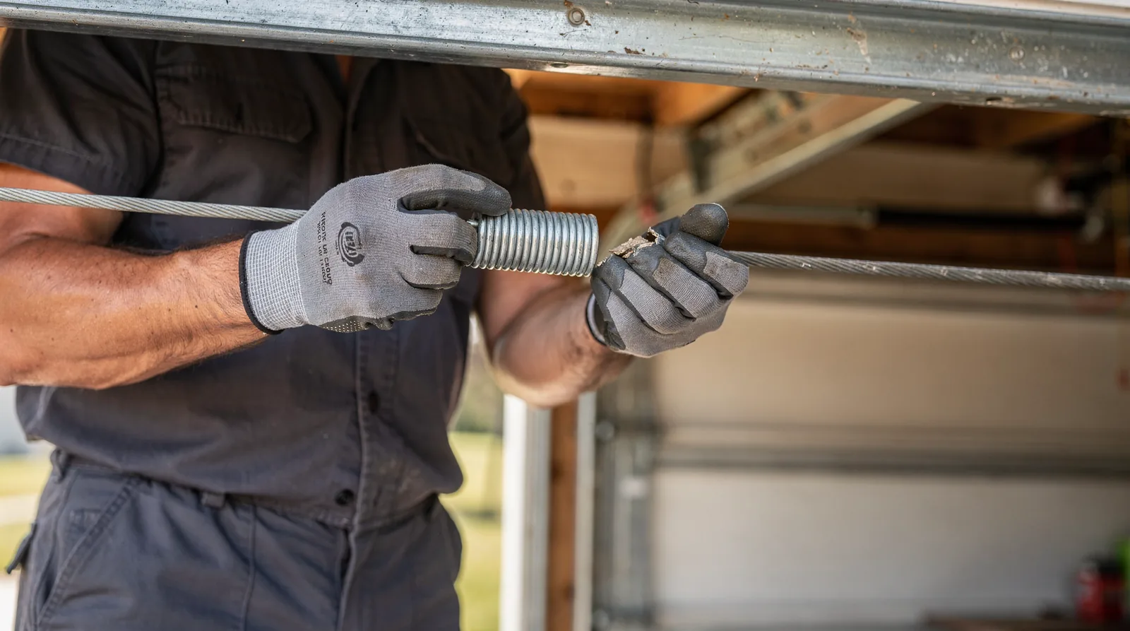 A broken cable typically causes the door to hang at an angle or stop moving